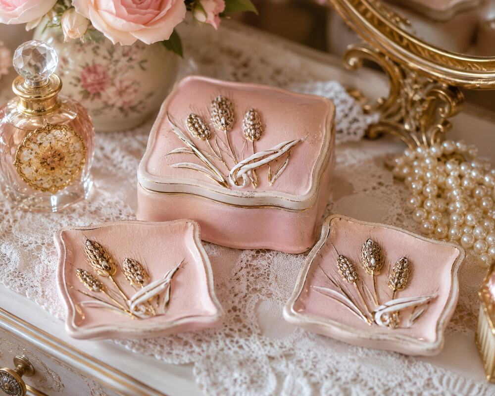 Vintage Lefton Pink Wheat Vanity Set 3 Piece Trinket Box Dresser Tray 1956